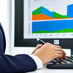 A competent female event planner in a modest, professional business suit, meticulously reviewing official permits and licenses on a desktop, with a blurred financial chart visible on a secondary monitor. The setting is a bright, modern, organized office, suggesting an administrative environment. The scene emphasizes clear processes and financial transparency, fully clothed, appropriate attire, safe for work, perfect anatomy, natural proportions, well-formed hands, correct proportions, professional dress, high-quality, family-friendly.