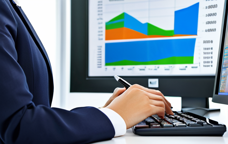 A competent female event planner in a modest, professional business suit, meticulously reviewing official permits and licenses on a desktop, with a blurred financial chart visible on a secondary monitor. The setting is a bright, modern, organized office, suggesting an administrative environment. The scene emphasizes clear processes and financial transparency, fully clothed, appropriate attire, safe for work, perfect anatomy, natural proportions, well-formed hands, correct proportions, professional dress, high-quality, family-friendly.