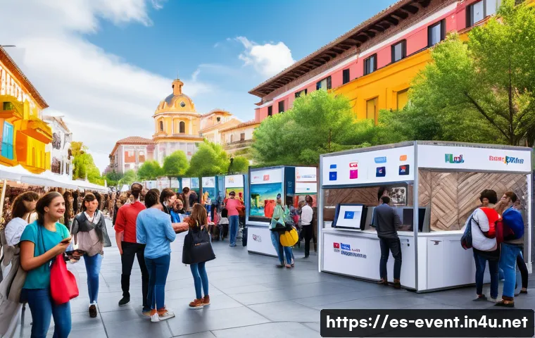 이벤트기획자가 알아야 할 홍보 전략 - A vibrant promotional event scene set in a modern Spanish-speaking city plaza during the daytime, fe...