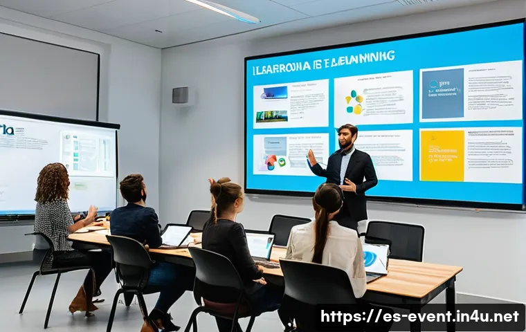 이벤트기획 교육과정 리뷰 - A professional event planning classroom scene set in a modern Barcelona training center, featuring a...