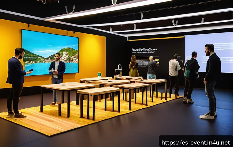이벤트기획 트렌드 분석 - A vibrant, immersive event scene in a modern conference hall in Spain, featuring diverse attendees i...