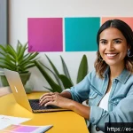 Home 23 이벤트기획자 프리랜서로 일하기 - A confident freelance event planner working in a vibrant, modern Latin American office space, surrou...
